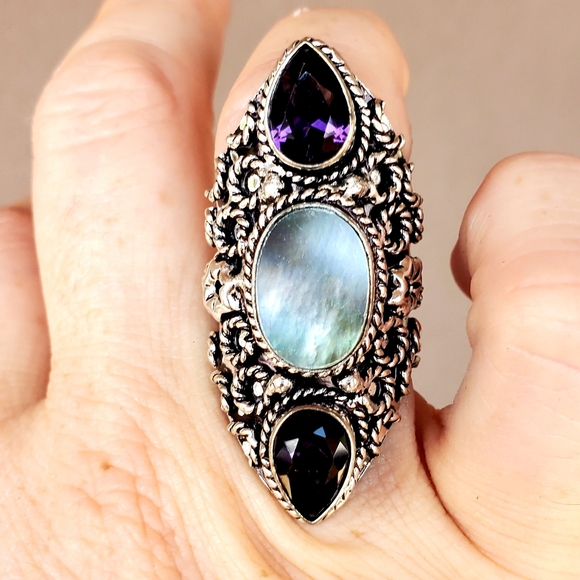 New Abalone Shell & Amethyst 925 Silver Statement Ring. - Picture 12 of 16
